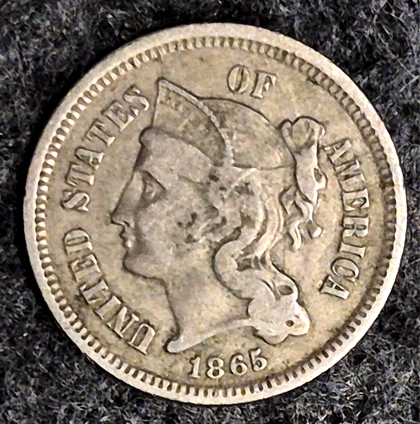 1865 First Year 3 Cent Nickel Fine Features Full Liberty & Clear Headband