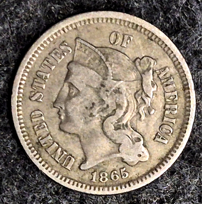 1865 First Year 3 Cent Nickel Fine Features Full Liberty & Clear Headband