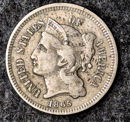 1865 First Year 3 Cent Nickel Fine Obv with XF Rev Features Full Liberty Pillars