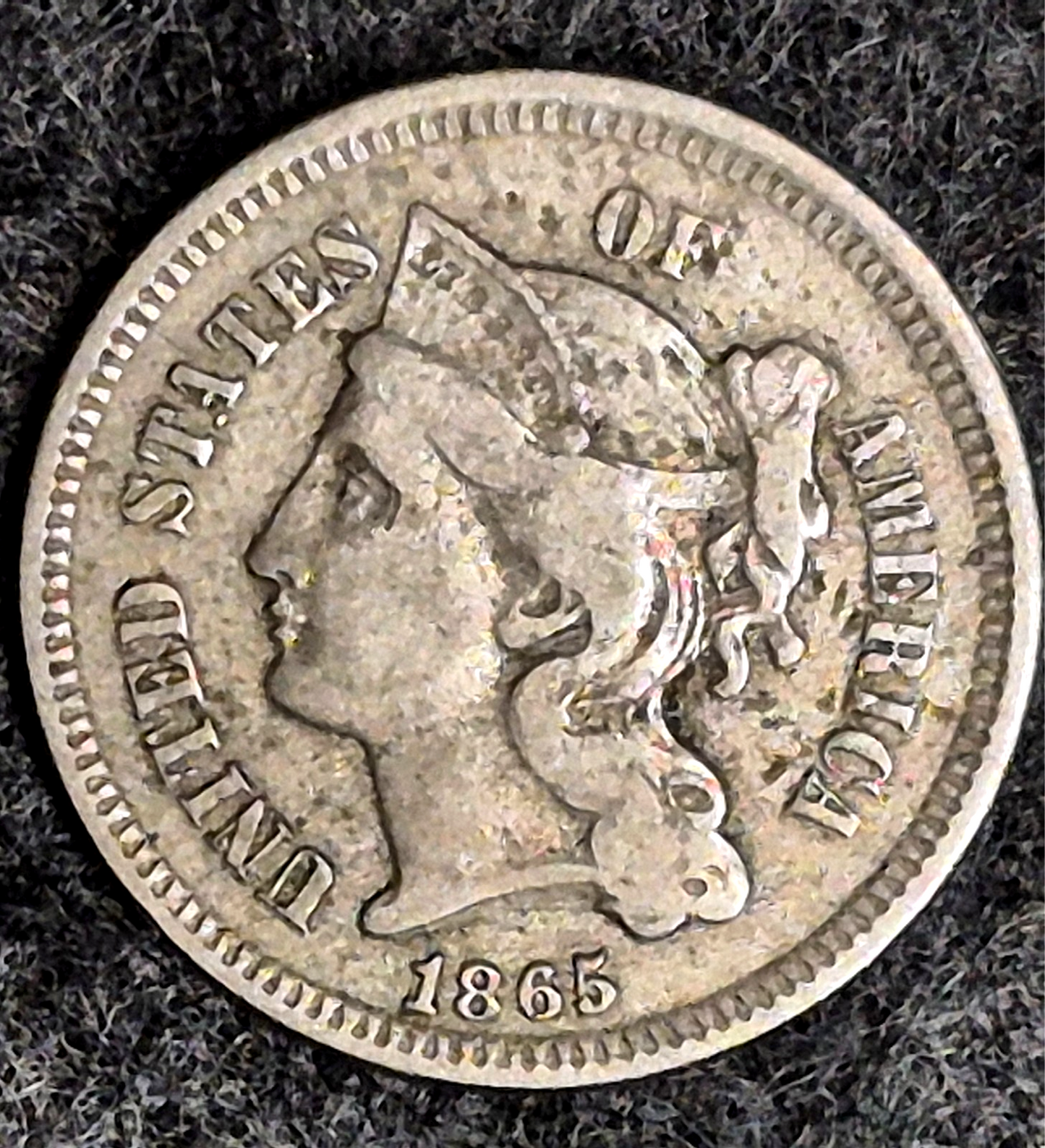 1865 First Year 3 Cent Nickel Fine Obv with XF Rev Features Full Liberty Pillars