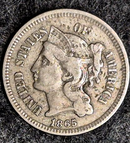 1865 First Year 3 Cent Nickel Fine Obv with XF Rev Features Full Liberty Pillars