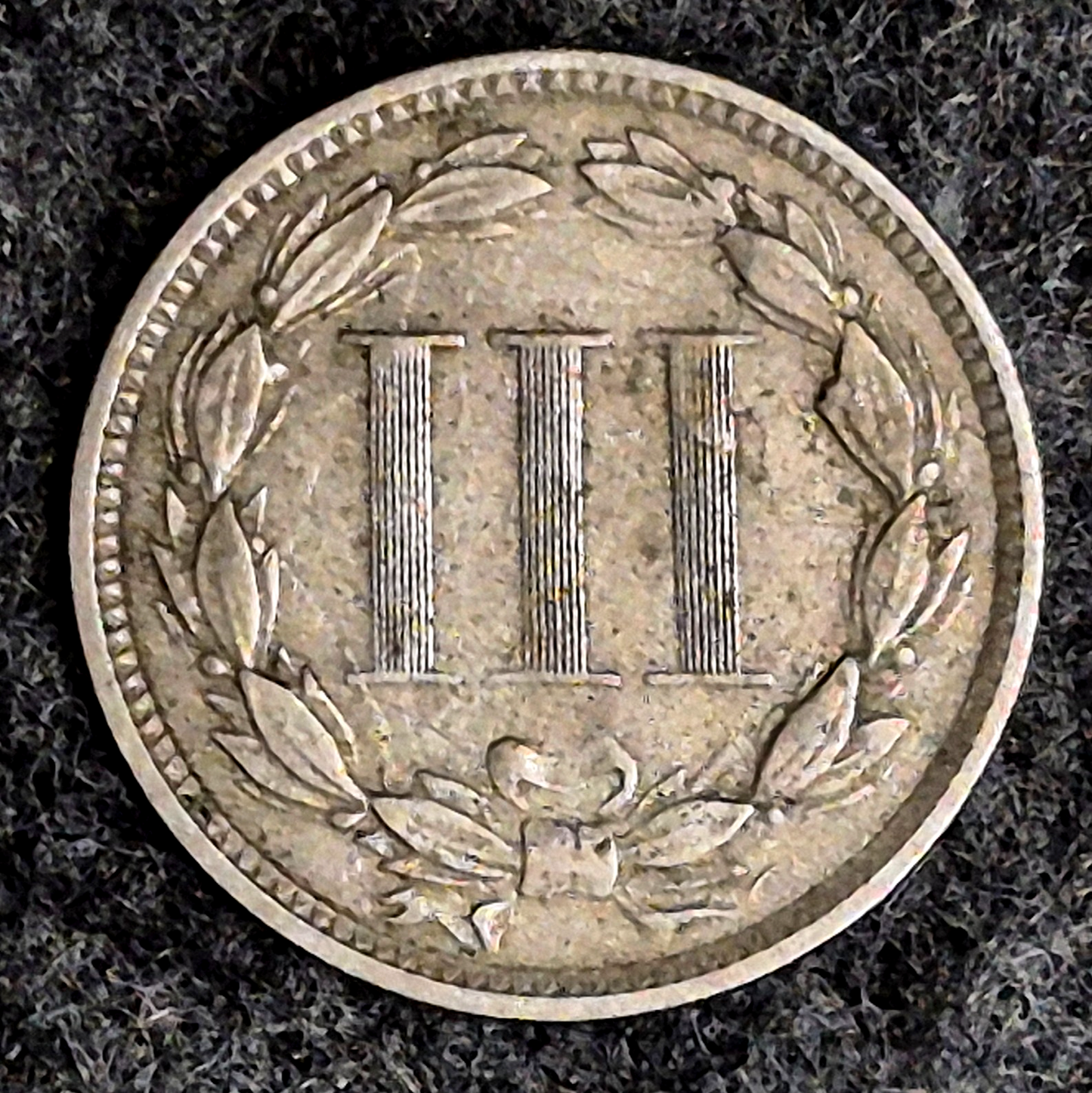 1865 First Year 3 Cent Nickel Fine Obv with XF Rev Features Full Liberty Pillars