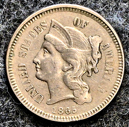 1865 First Year 3 Cent Nickel Extra Fine+ Features Full Liberty & Pillars