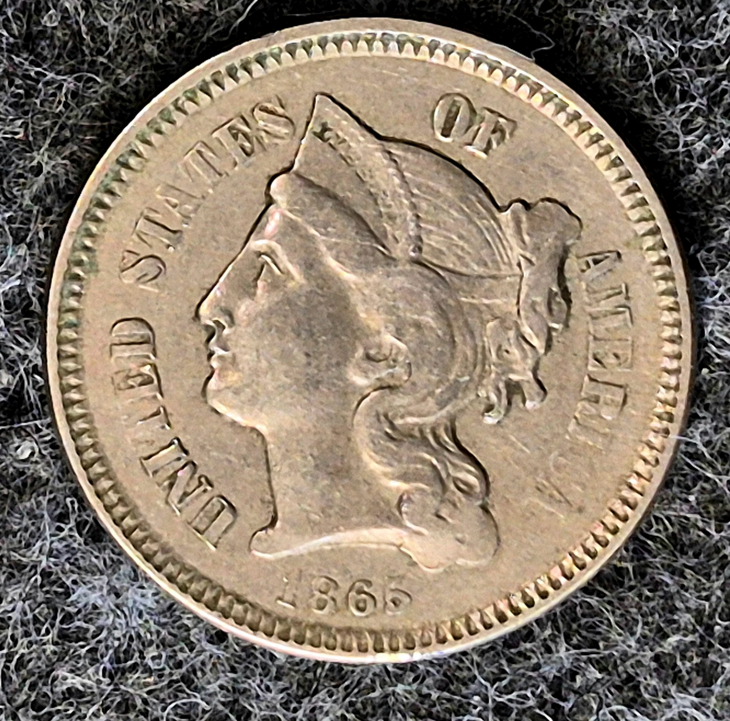 1865 First Year 3 Cent Nickel Extra Fine+ Features Full Liberty & Pillars