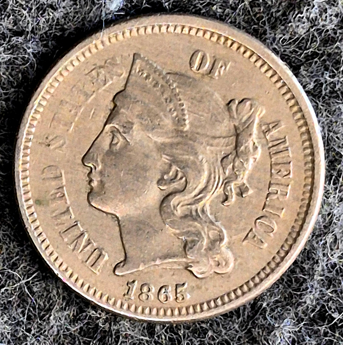 1865 First Year 3 Cent Nickel Extra Fine Features Full Liberty & Pillars