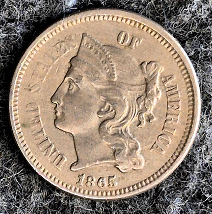 1865 First Year 3 Cent Nickel Extra Fine Features Full Liberty & Pillars