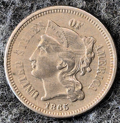 1865 First Year 3 Cent Nickel Extra Fine Features Full Liberty & Pillars