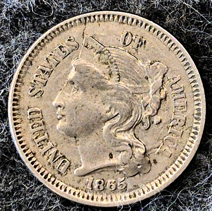 1865 First Year 3 Cent Nickel Extra Fine Features Full Liberty & Pillars