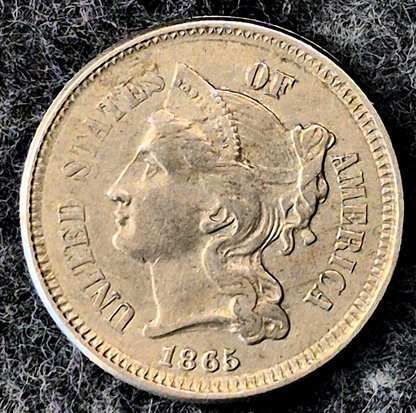 1865 First Year 3 Cent Nickel Extra Fine Features Full Liberty & Pillars