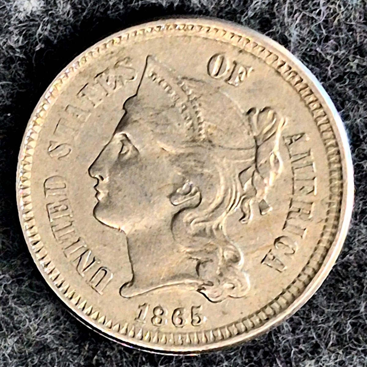 1865 First Year 3 Cent Nickel Extra Fine Features Full Liberty & Pillars