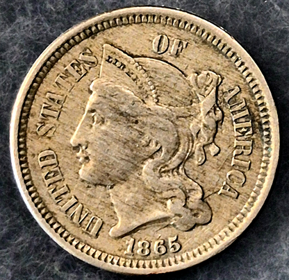 1865 First Year 3 Cent Nickel Extra Fine Features Full Liberty & Pillars