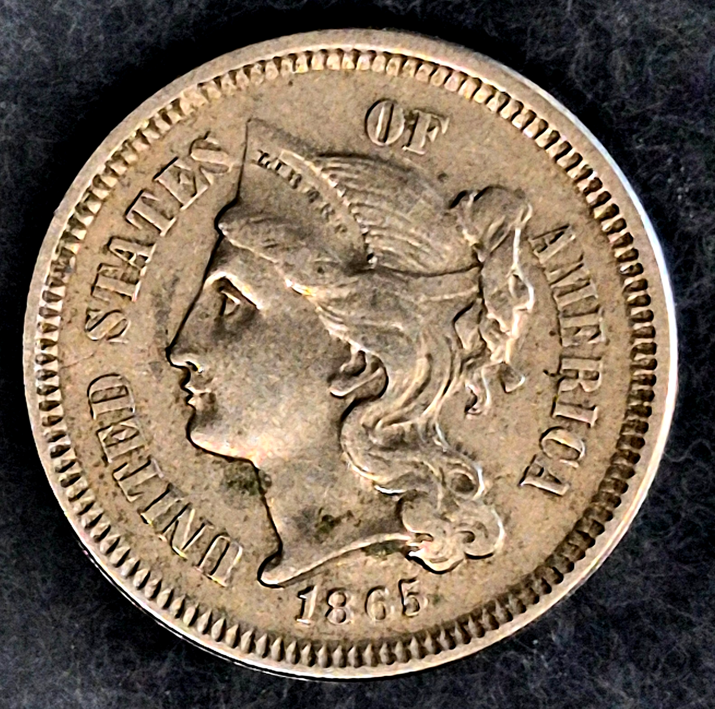1865 First Year 3 Cent Nickel XF-AU Features Full Liberty & Pillars