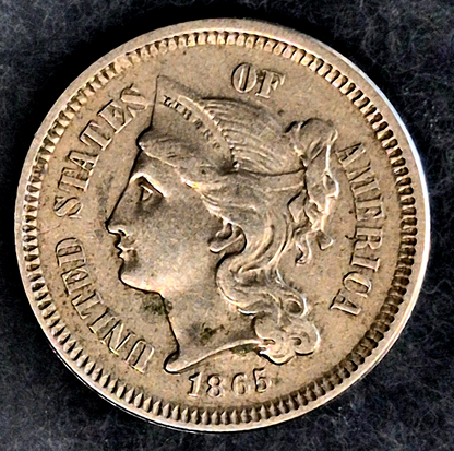 1865 First Year 3 Cent Nickel XF-AU Features Full Liberty & Pillars