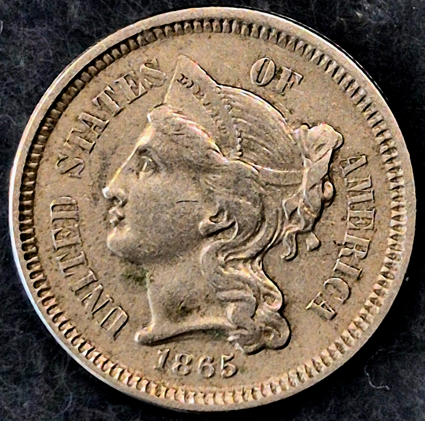 1865 First Year 3 Cent Nickel XF-AU Features Full Liberty & Pillars