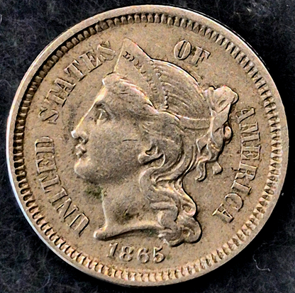 1865 First Year 3 Cent Nickel XF-AU Features Full Liberty & Pillars