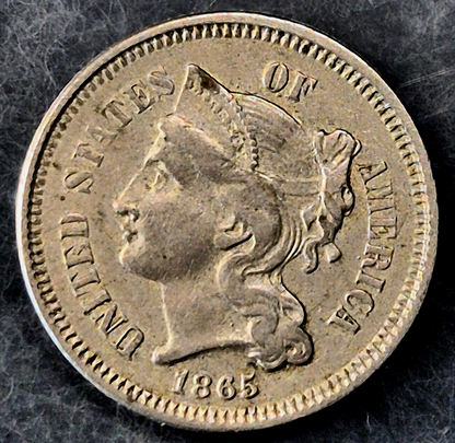 1865 First Year 3 Cent Nickel XF+ Features Full Liberty & Pillars