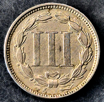 1865 First Year 3 Cent Nickel XF+ Features Full Liberty & Pillars