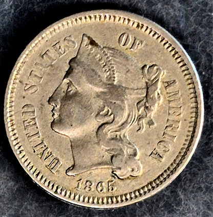 1865 First Year 3 Cent Nickel XF+ Features Full Liberty & Pillars