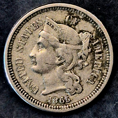 1865 First Year 3 Cent Nickel XF+ Features Full Liberty & Pillars