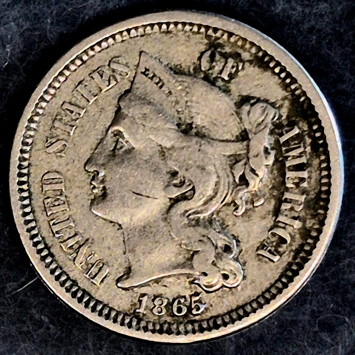 1865 First Year 3 Cent Nickel XF+ Features Full Liberty & Pillars