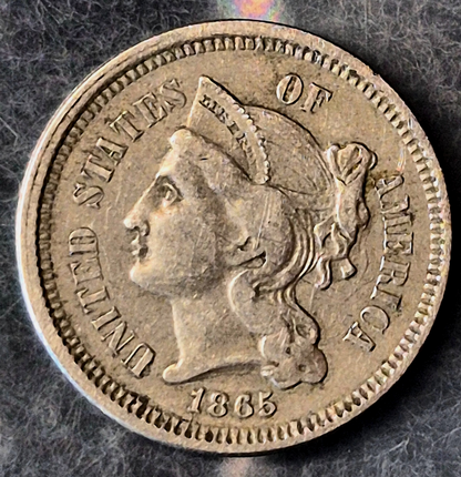 1865 First Year 3 Cent Nickel XF Features Full Liberty & Pillars