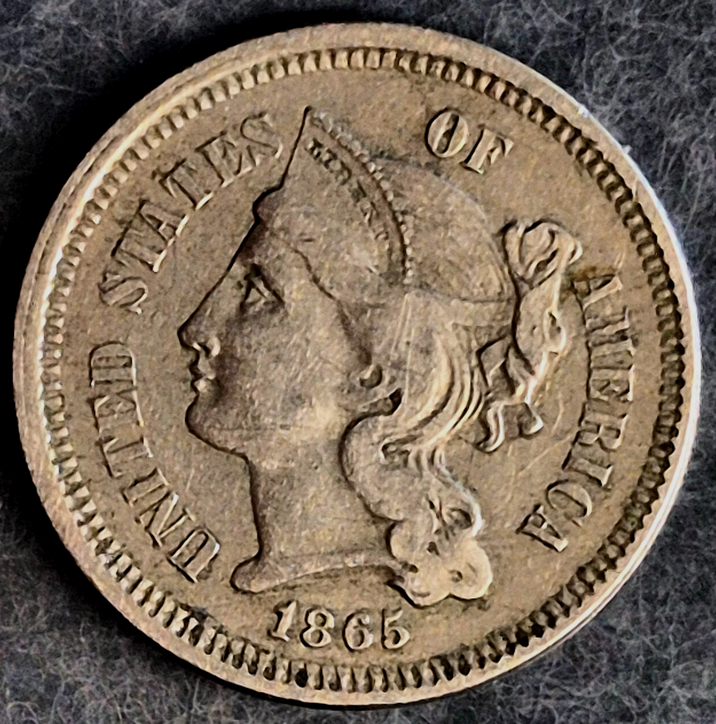 1865 First Year 3 Cent Nickel XF Features Full Liberty & Pillars