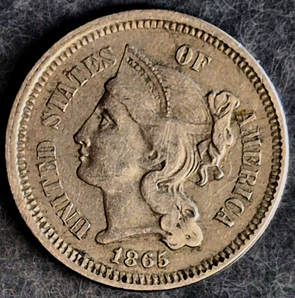 1865 First Year 3 Cent Nickel XF Features Full Liberty & Pillars