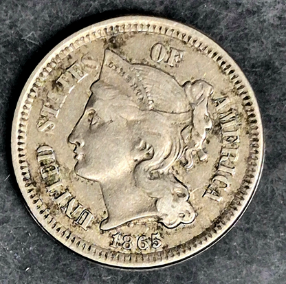 1865 First Year 3 Cent Nickel Extra Fine Features Full Liberty & 50% Pillars