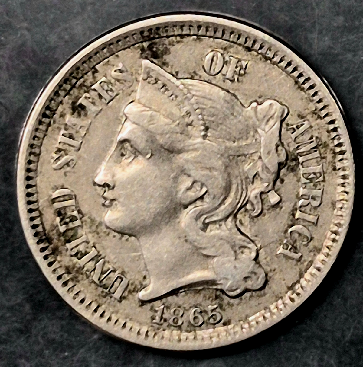 1865 First Year 3 Cent Nickel Extra Fine Features Full Liberty & 50% Pillars