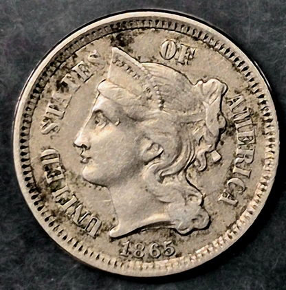 1865 First Year 3 Cent Nickel Extra Fine Features Full Liberty & 50% Pillars