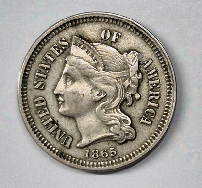 1865 First Year 3 Cent Nickel XF-AU Features Full Liberty & Pillars