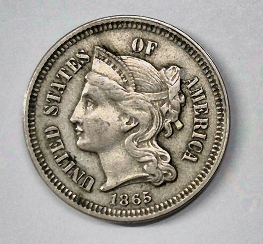 1865 First Year 3 Cent Nickel XF-AU Features Full Liberty & Pillars