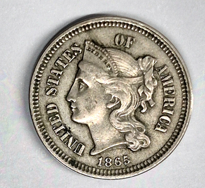 1865 First Year 3 Cent Nickel XF-AU Features Full Liberty & Pillars