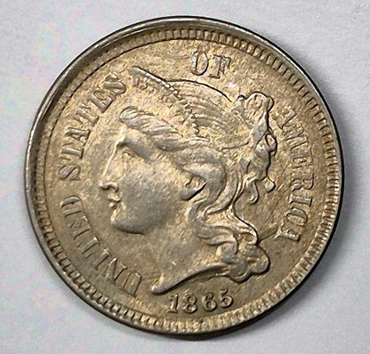 1865 First Year 3 Cent Nickel Beautiful AU+ Features Full Liberty & Pillars