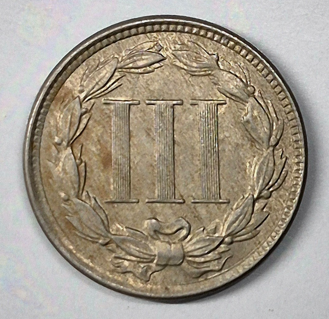 1865 First Year 3 Cent Nickel Beautiful AU+ Features Full Liberty & Pillars