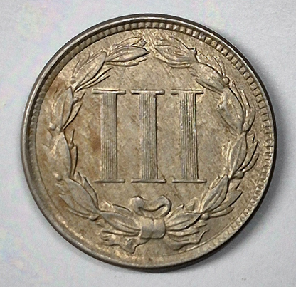 1865 First Year 3 Cent Nickel Beautiful AU+ Features Full Liberty & Pillars