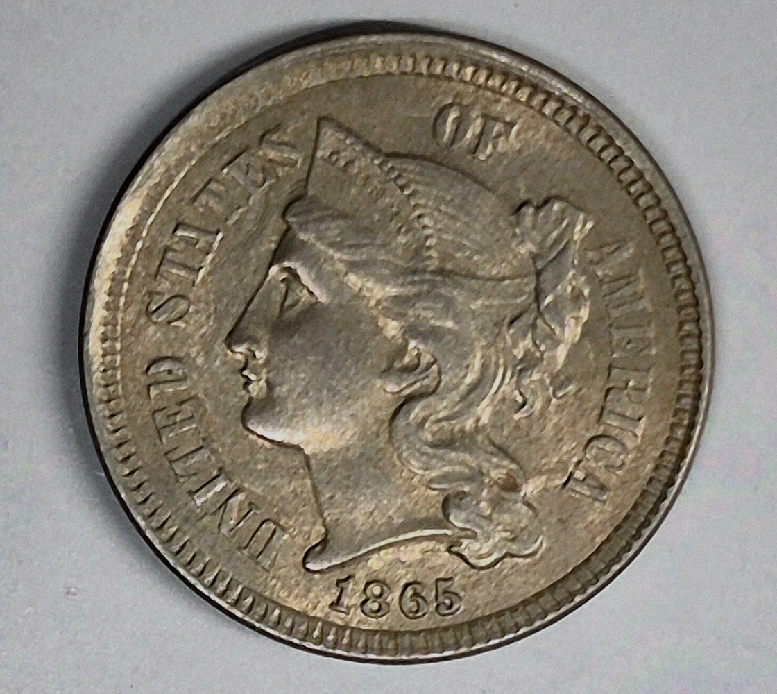 1865 First Year 3 Cent Nickel Beautiful AU+ Features Full Liberty & Pillars
