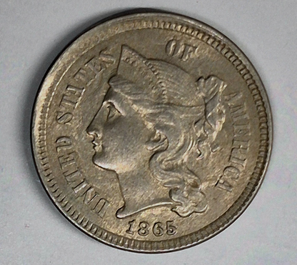 1865 First Year 3 Cent Nickel Beautiful AU+ Features Full Liberty & Pillars