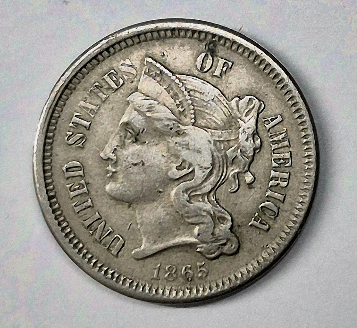 1865 First Year 3 Cent Nickel Extra Fine Features Full Liberty & Pillars