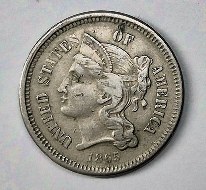 1865 First Year 3 Cent Nickel Extra Fine Features Full Liberty & Pillars