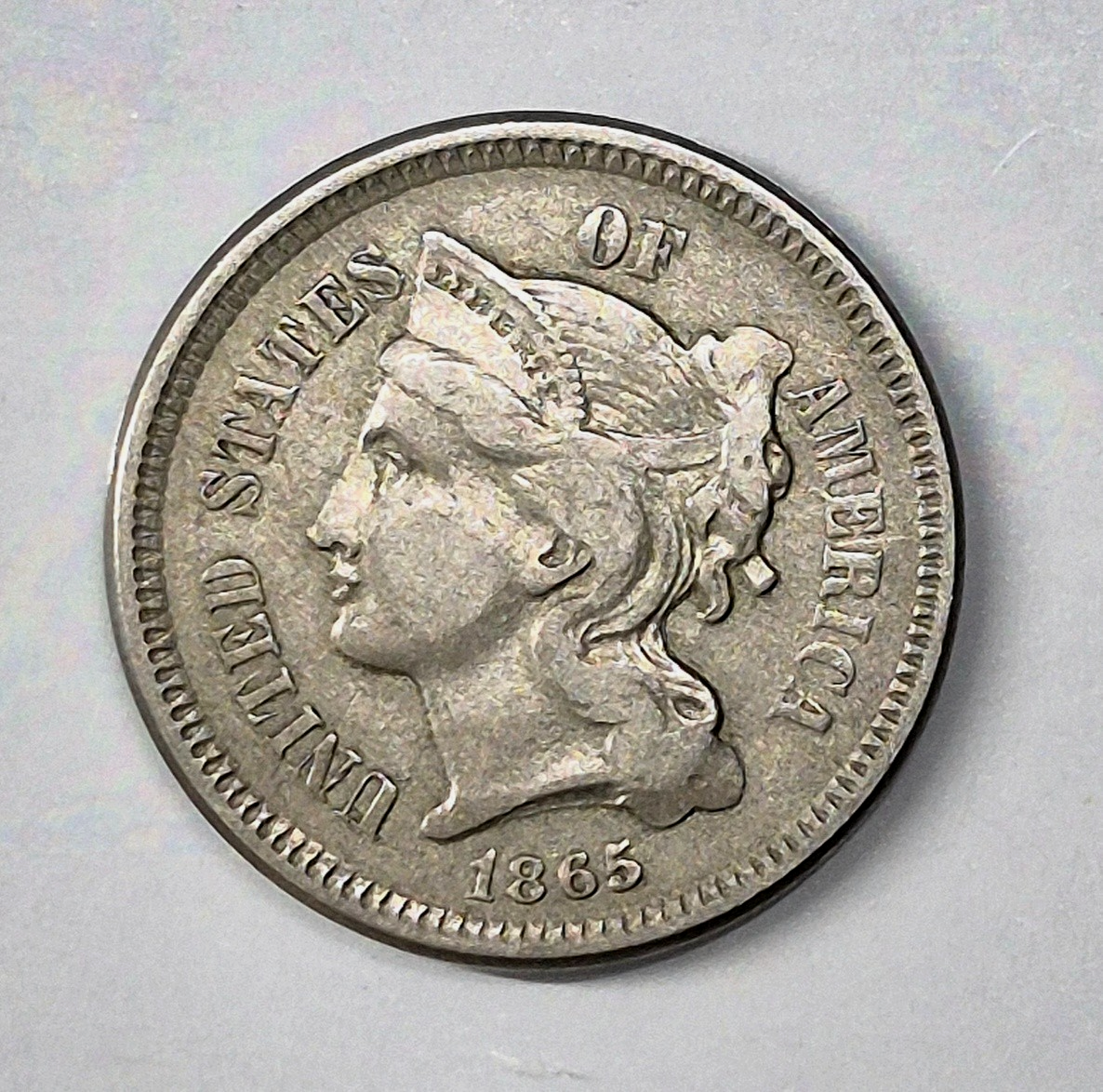 1865 First Year 3 Cent Nickel Extra Fine Features Full Liberty & Pillars