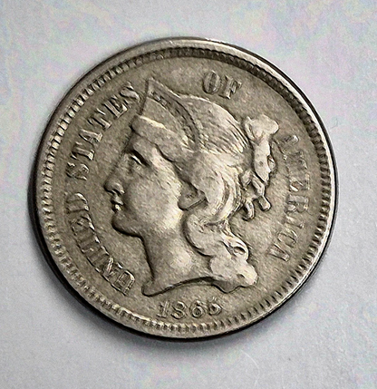 1865 First Year 3 Cent Nickel Extra Fine Features Full Liberty & Pillars