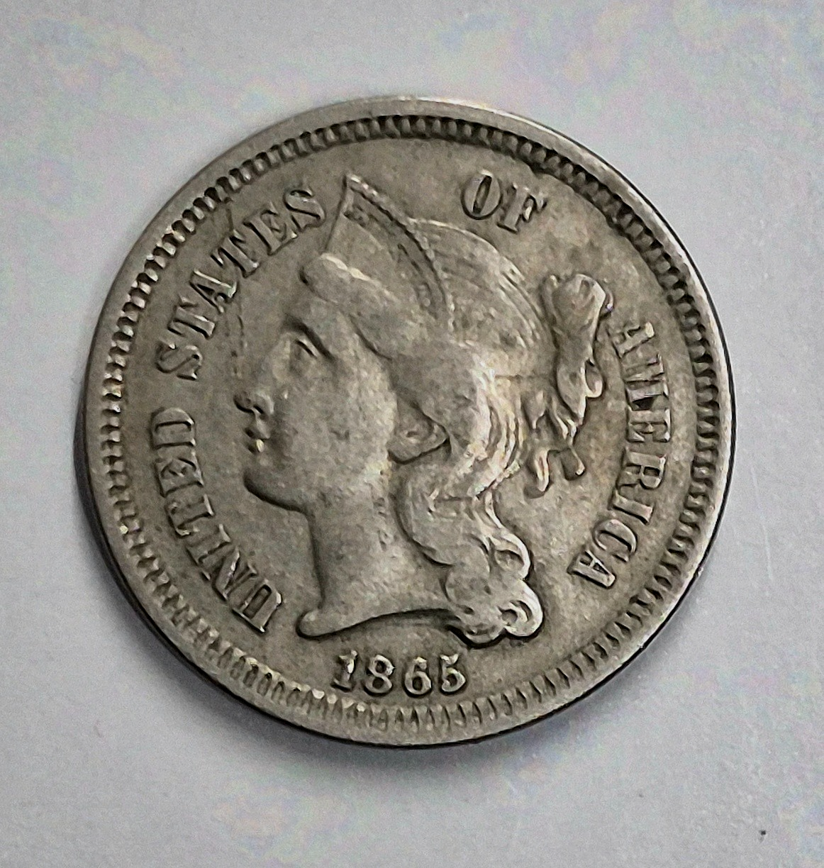 1865 First Year 3 Cent Nickel Very Fine Features Full Liberty & 50% Pillars