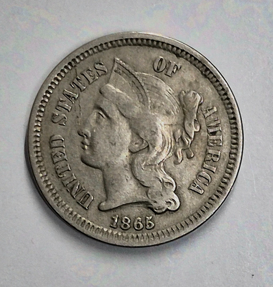 1865 First Year 3 Cent Nickel Very Fine Features Full Liberty & 50% Pillars