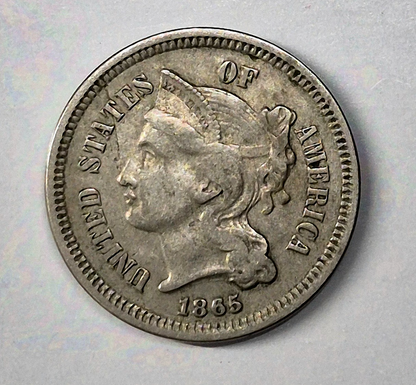 1865 First Year 3 Cent Nickel Very Fine Features Full Liberty & 50% Pillars