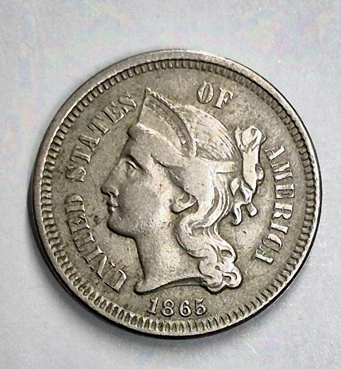1865 First Year 3 Cent Nickel Very Fine Features Full Liberty & 90% Pillars