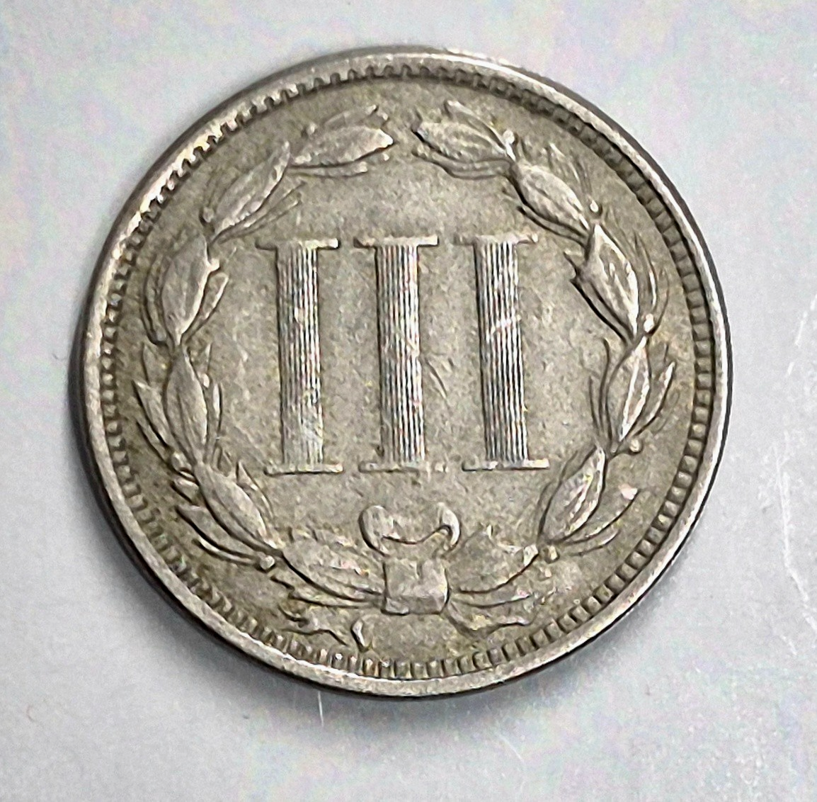 1865 First Year 3 Cent Nickel Very Fine Features Full Liberty & 90% Pillars