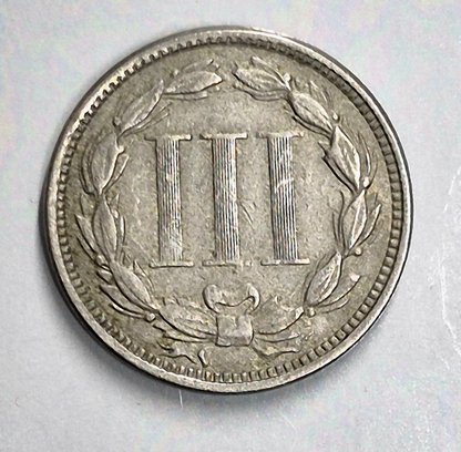 1865 First Year 3 Cent Nickel Very Fine Features Full Liberty & 90% Pillars