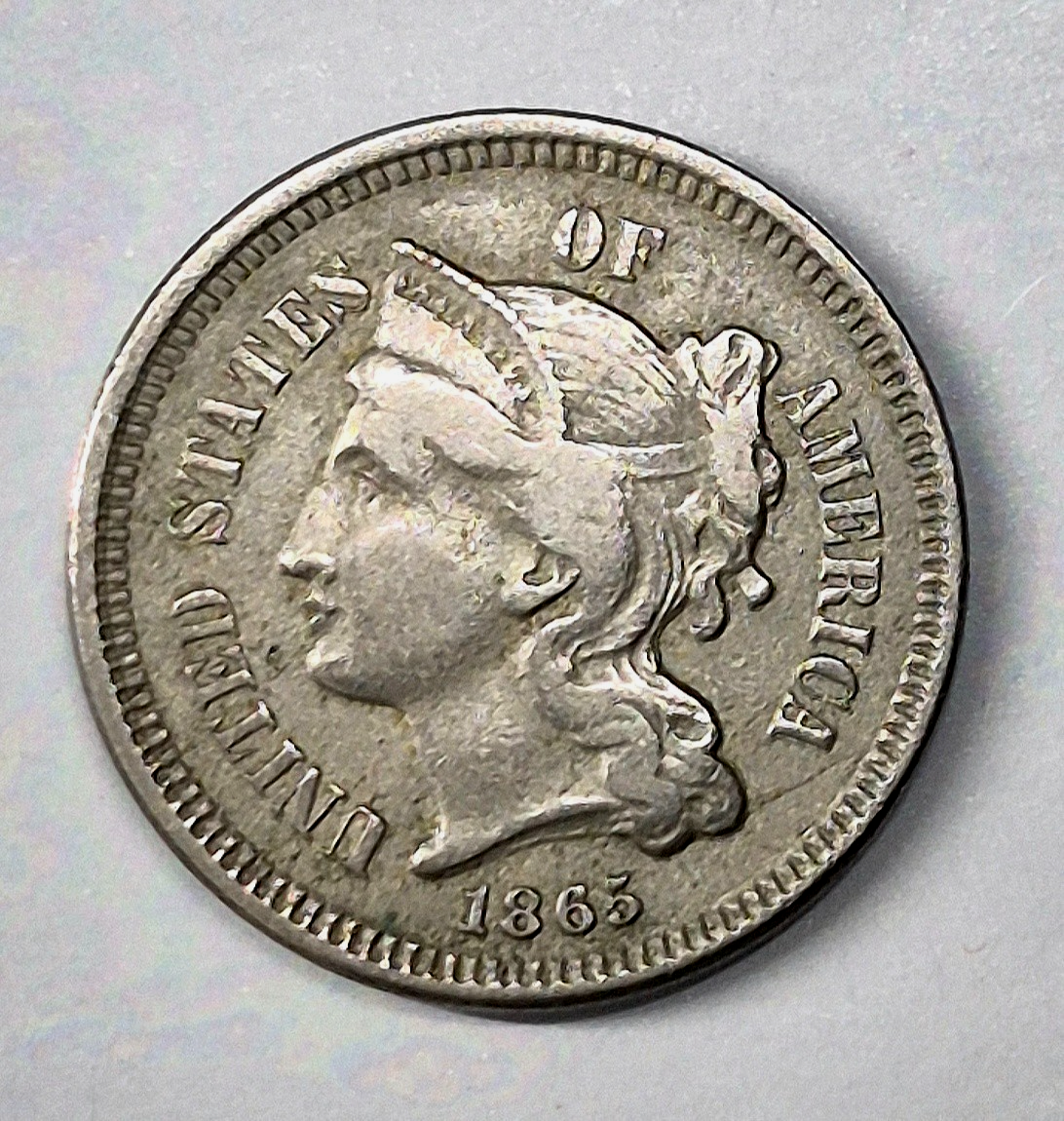 1865 First Year 3 Cent Nickel Very Fine Features Full Liberty & 90% Pillars