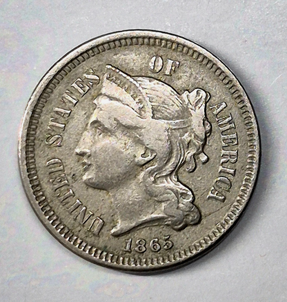 1865 First Year 3 Cent Nickel Very Fine Features Full Liberty & 90% Pillars